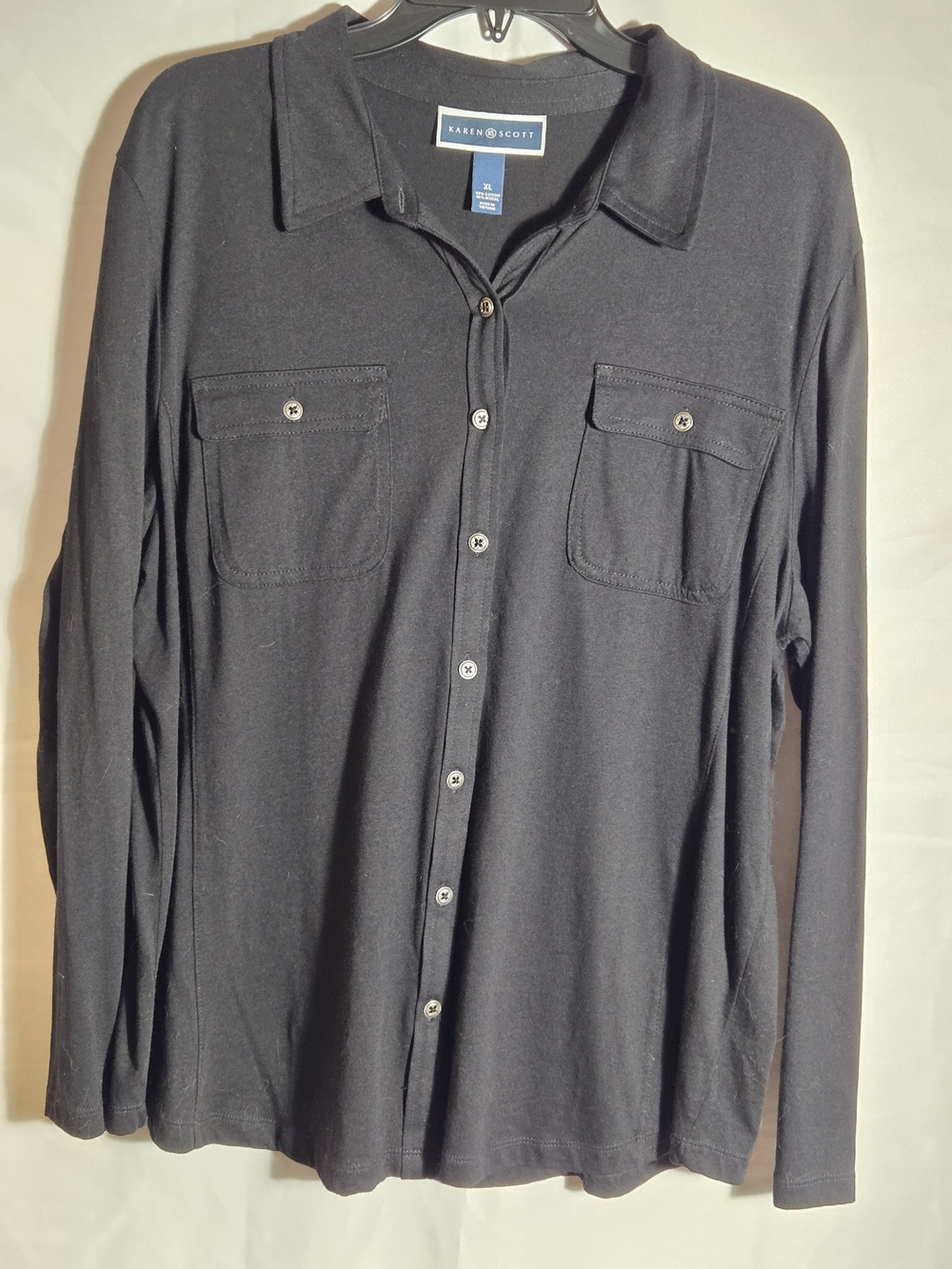 Karen Scott Black Button-Up Long Sleeve Shirt Blouse Comfort Womens Classic Top